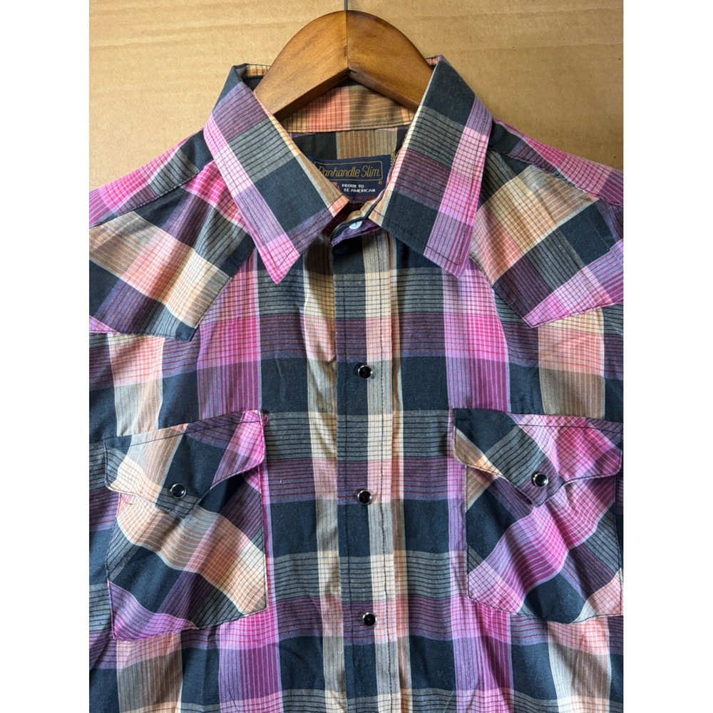 Vintage Panhandle Slim Western Shirt Mens 17 Pink Plaid Pearl Snap Short Sleeve